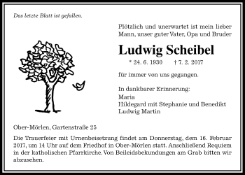 Traueranzeige von Ludwig Scheibel von Wetterauer Zeitung, Wetterauer Zeitung