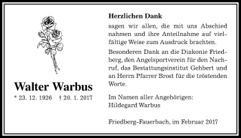 Traueranzeige von Walter Warbus von Wetterauer Zeitung, Wetterauer Zeitung
