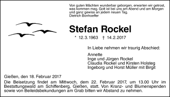Traueranzeige von Stefan Rockel von Giessener Allgemeine, Alsfelder Allgemeine