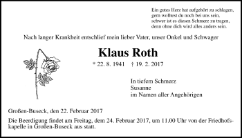 Traueranzeige von Klaus Roth von Giessener Allgemeine, Alsfelder Allgemeine