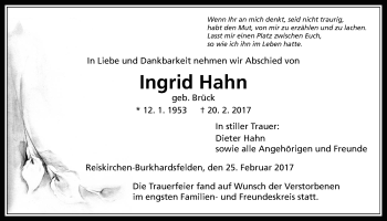 Traueranzeige von Ingrid Hahn von Giessener Allgemeine, Alsfelder Allgemeine
