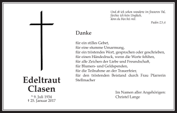 Traueranzeige von Edeltraut Clasen von Wetterauer Zeitung, Wetterauer Zeitung