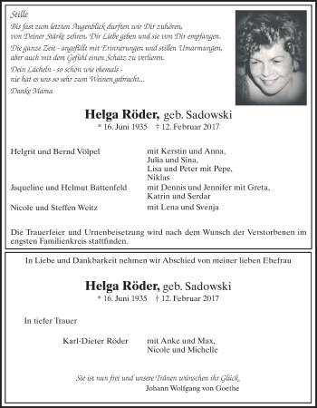 Traueranzeige von Helga Röder von Giessener Allgemeine, Alsfelder Allgemeine