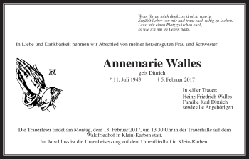 Traueranzeige von Annemarie Walles von Wetterauer Zeitung
