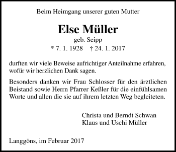 Traueranzeige von Else Müller von Giessener Allgemeine, Alsfelder Allgemeine