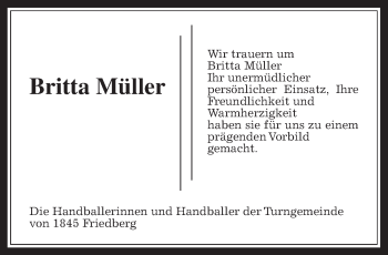 Traueranzeige von Britta Müller von Wetterauer Zeitung, Wetterauer Zeitung