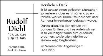 Traueranzeige von Rudolf Diehl von Wetterauer Zeitung, Wetterauer Zeitung