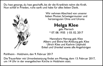 Traueranzeige von Helga Klee von Giessener Allgemeine, Alsfelder Allgemeine