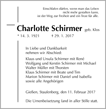 Traueranzeige von Charlotte Schirmer von Giessener Allgemeine, Alsfelder Allgemeine