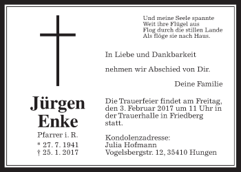 Traueranzeige von Jürgen Enke von Giessener Allgemeine, Alsfelder Allgemeine