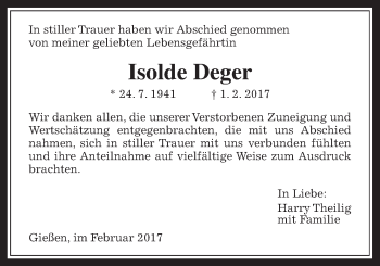 Traueranzeige von Isolde Deger von Giessener Allgemeine, Alsfelder Allgemeine