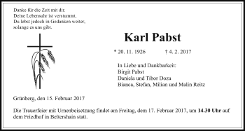 Traueranzeige von Karl Pabst von Giessener Allgemeine, Alsfelder Allgemeine