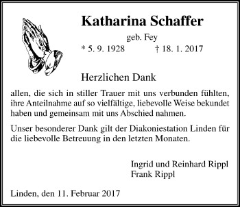 Traueranzeige von Katharina Schaffer von Giessener Allgemeine, Alsfelder Allgemeine