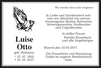 Traueranzeige von Luise Otto von Giessener Allgemeine, Alsfelder Allgemeine
