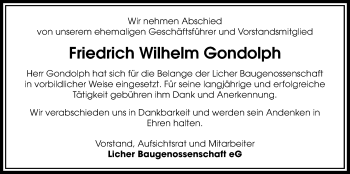 Traueranzeige von Friedrich Wilhelm Gondolph von Licher Wochenblatt, Licher Wochenblatt, Licher Wochenblatt
