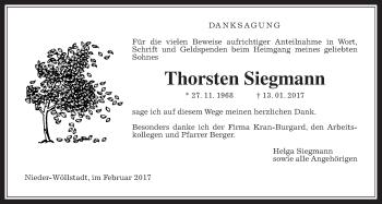 Traueranzeige von Thorsten Siegmann von Wetterauer Zeitung, Wetterauer Zeitung