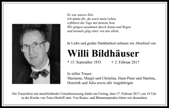 Traueranzeige von Willi Bildhäuser von Licher Wochenblatt, Licher Wochenblatt, Licher Wochenblatt