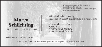 Traueranzeige von Marco Schlichting von Wetterauer Zeitung, Wetterauer Zeitung