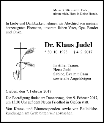 Traueranzeige von Klaus Judel von Giessener Allgemeine, Alsfelder Allgemeine