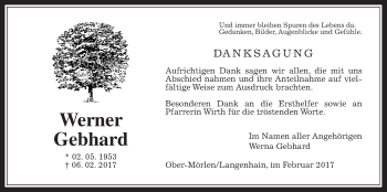 Traueranzeige von Werner Gebhard von Wetterauer Zeitung, Wetterauer Zeitung