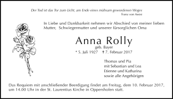 Traueranzeige von Anna Rolly von Wetterauer Zeitung, Wetterauer Zeitung