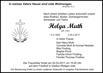 Traueranzeige von Helga Muth von Giessener Allgemeine, Alsfelder Allgemeine