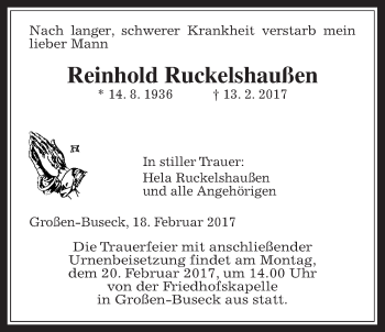Traueranzeige von Reinhold Ruckelshaußen von Giessener Allgemeine, Alsfelder Allgemeine