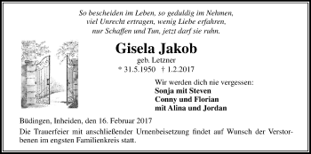 Traueranzeige von Gisela Jakob von Licher Wochenblatt, Licher Wochenblatt, Licher Wochenblatt