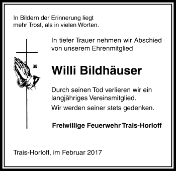 Traueranzeige von Willi Bildhäuser von Licher Wochenblatt, Licher Wochenblatt, Licher Wochenblatt
