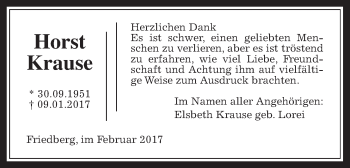Traueranzeige von Horst Krause von Wetterauer Zeitung, Wetterauer Zeitung