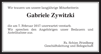 Traueranzeige von Gabriele Zywitzki von Wetterauer Zeitung, Wetterauer Zeitung