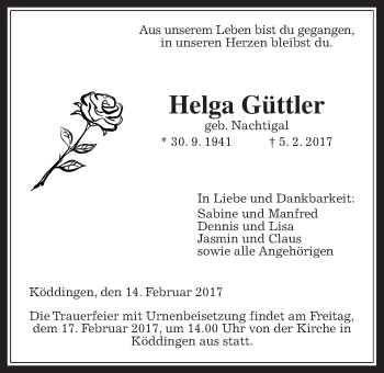 Traueranzeige von Helga Güttler von Alsfelder Allgemeine