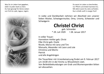Traueranzeige von Christel Christ von Wetterauer Zeitung, Wetterauer Zeitung
