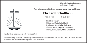 Traueranzeige von Ehrhard Schultheiß von Giessener Allgemeine, Alsfelder Allgemeine