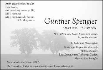 Traueranzeige von Günther Spengler von Giessener Allgemeine, Alsfelder Allgemeine