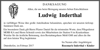 Traueranzeige von Ludwig Inderthal von Giessener Allgemeine, Alsfelder Allgemeine