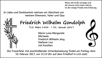 Traueranzeige von Friedrich Wilhelm Gondolph von Licher Wochenblatt, Licher Wochenblatt, Licher Wochenblatt