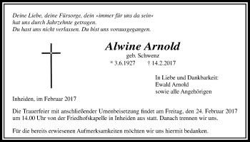 Traueranzeige von Alwine Arnold von Licher Wochenblatt, Licher Wochenblatt, Licher Wochenblatt