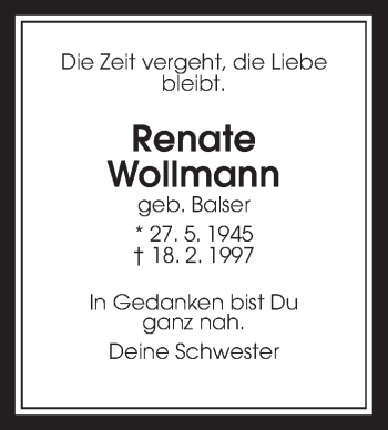 Traueranzeige von Renate Wollmann von Giessener Allgemeine, Alsfelder Allgemeine