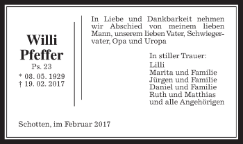 Traueranzeige von Willi Pfeffer von Mücker Stimme