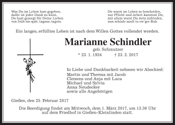 Traueranzeige von Marianne Schindler von Giessener Allgemeine, Alsfelder Allgemeine