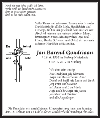 Traueranzeige von Jan Barend Goudriaan von Alsfelder Allgemeine