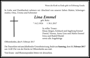 Traueranzeige von Lina Emmel von Licher Wochenblatt, Licher Wochenblatt, Licher Wochenblatt