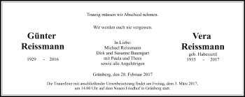 Traueranzeige von Günter und Vera Reissmann von Giessener Allgemeine, Alsfelder Allgemeine