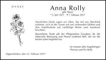 Traueranzeige von Anna Rolly von Wetterauer Zeitung, Wetterauer Zeitung