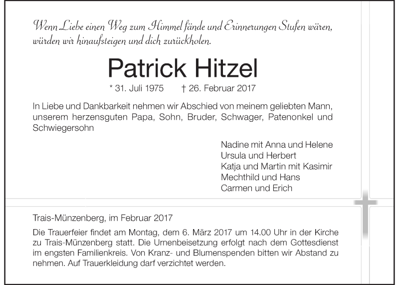  Traueranzeige für Patrick Hitzel vom 02.03.2017 aus Wetterauer Zeitung, Wetterauer Zeitung
