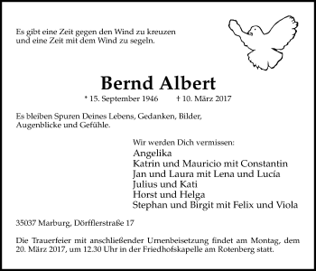 Traueranzeige von Bernd Albert von Giessener Allgemeine, Alsfelder Allgemeine