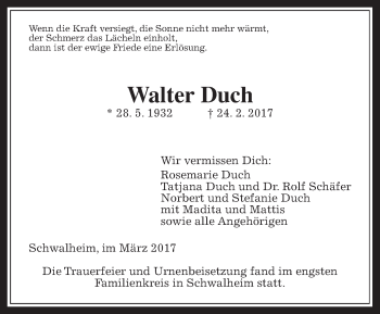 Traueranzeige von Walter Duch von Wetterauer Zeitung, Wetterauer Zeitung