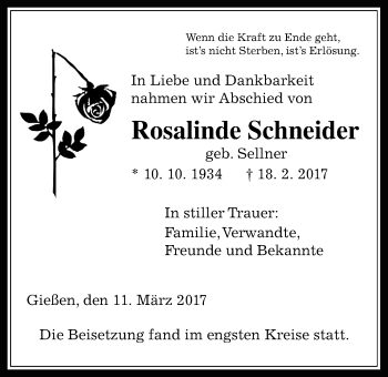 Traueranzeige von Rosalinde Schneider von Giessener Allgemeine, Alsfelder Allgemeine