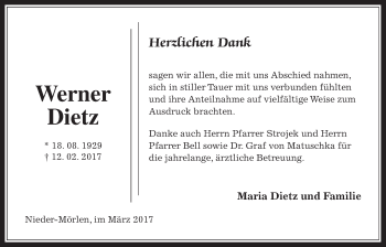 Traueranzeige von Werner Dietz von Wetterauer Zeitung, Wetterauer Zeitung